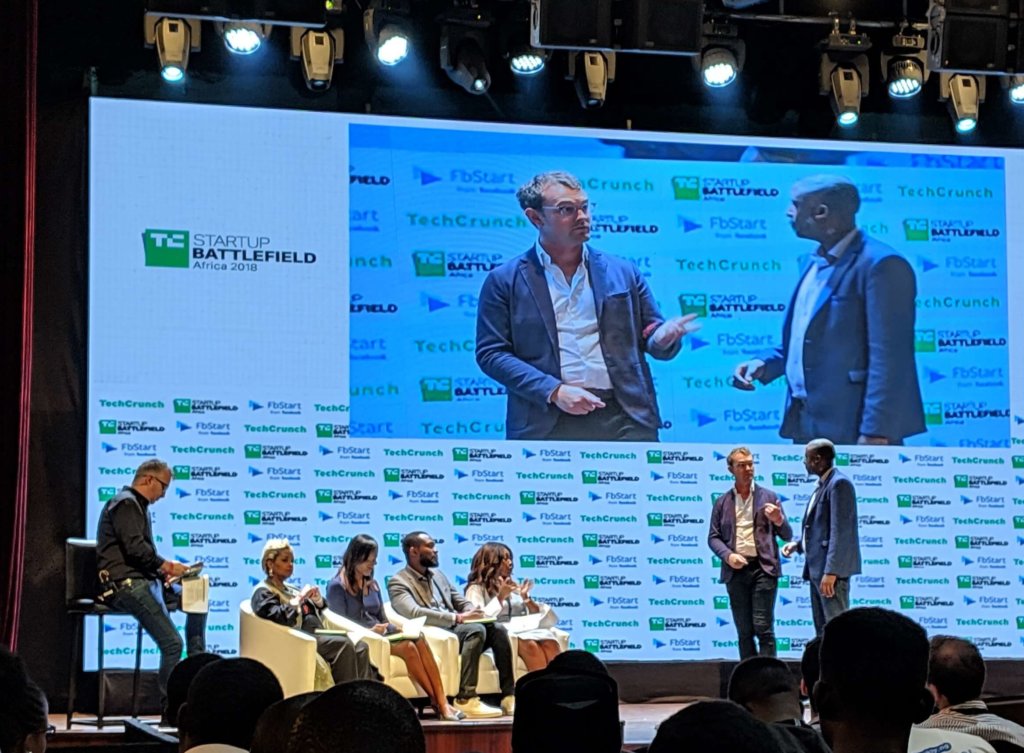 Apollo Agriculture co-founders Eli Pollak and Benjamin Njenga onstage at Startup Battlefield Africa
