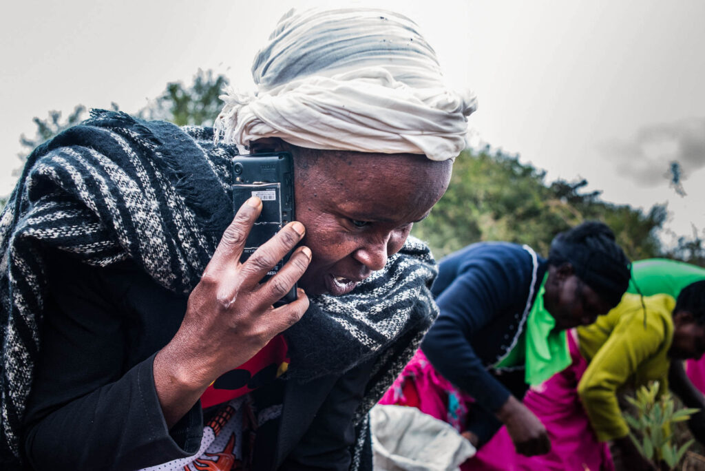 Three women working on a farm with one using a mobile phone