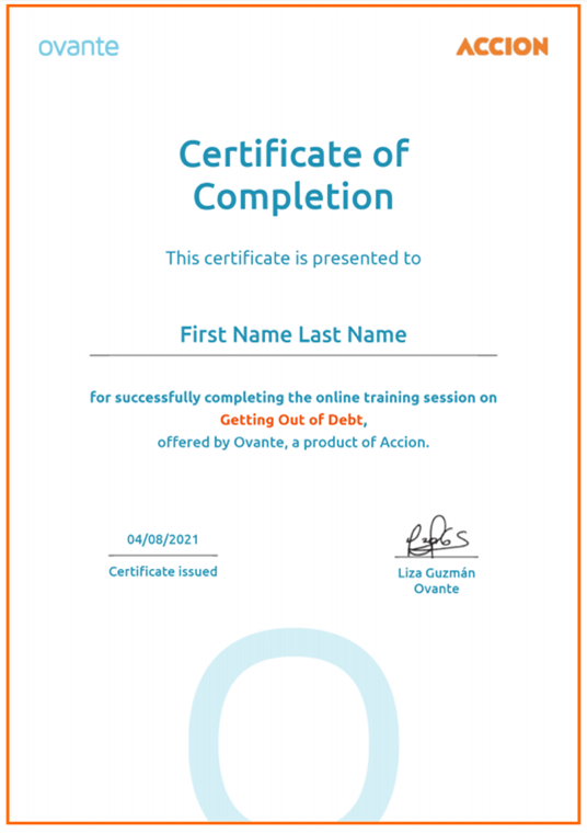 Ovante certification of completion
