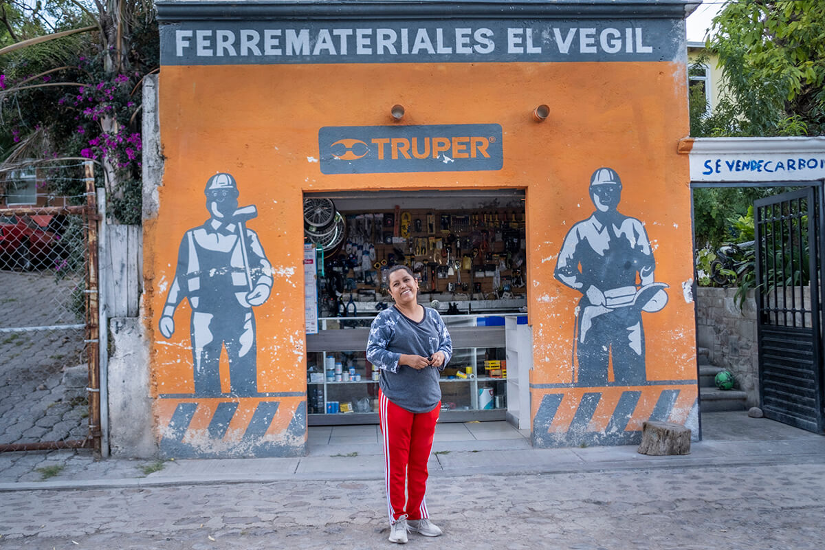 Maria Olga outside her construction store in Mexico