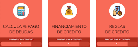 RedCapital customers are rewarded as they complete calls to action, like these in the “Manage your Debt” blog: Calculate the percentage of Debt, Credit Financing, Credit Rules (from left to right).