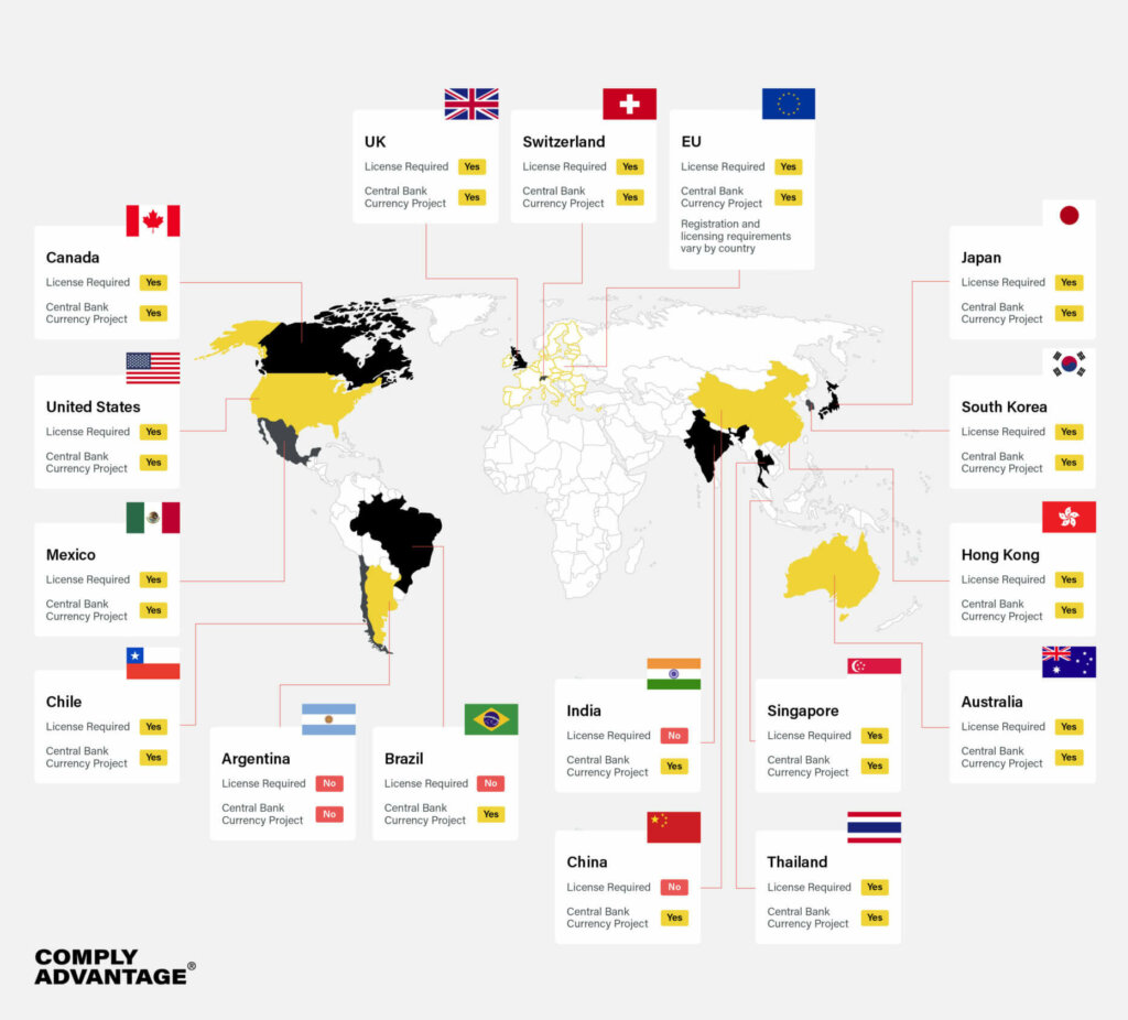 map showing crypto regulations around the world