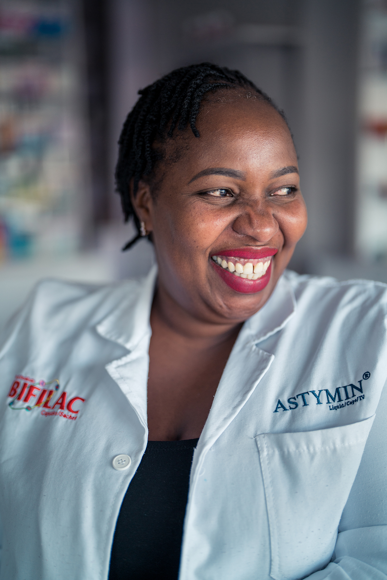 Serah at her pharmacy in Nairobi, Kenya