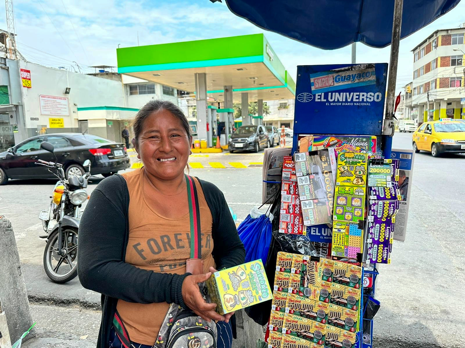 Olga at her lottery ticket stand in Ecuador